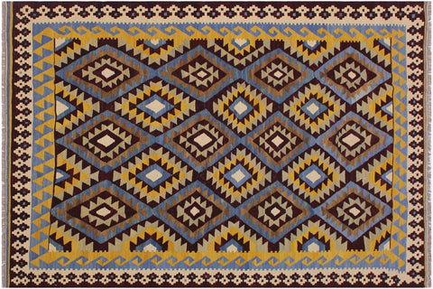handmade Geometric Kilim Brown Blue Hand-Woven RECTANGLE 100% WOOL area rug 6 x 8