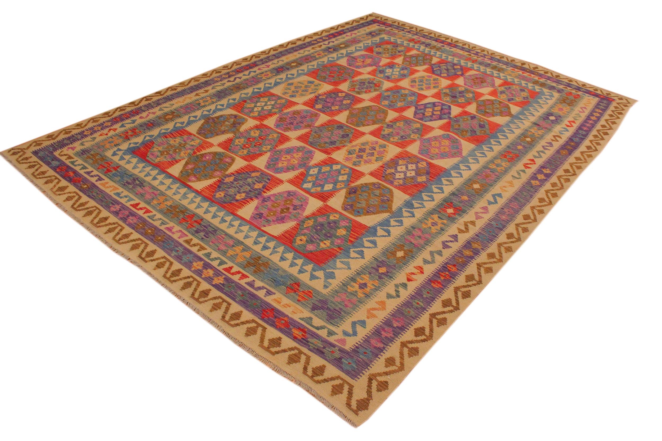 handmade Geometric Kilim Beige Blue Hand-Woven RECTANGLE 100% WOOL area rug 8 x 11