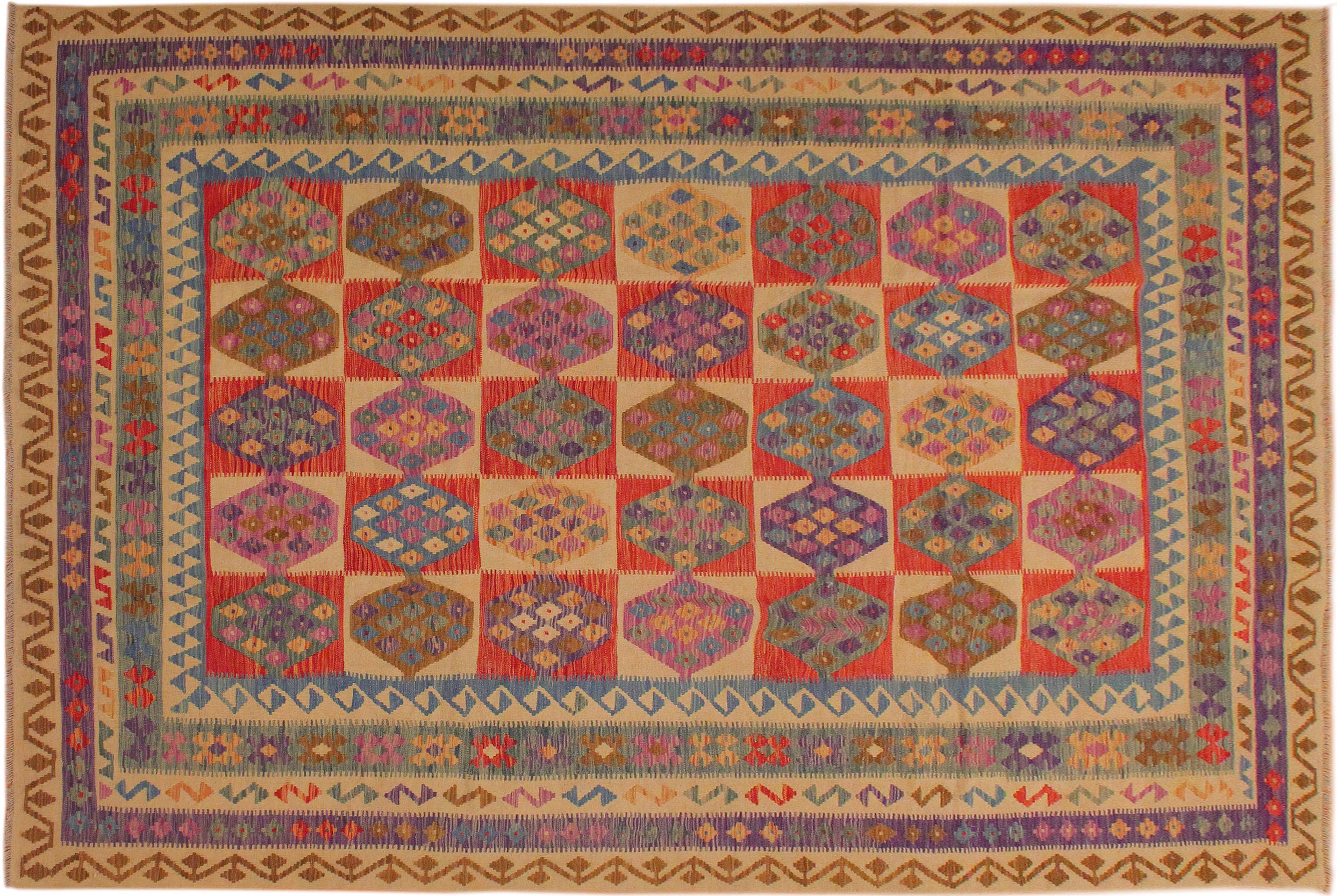 handmade Geometric Kilim Beige Blue Hand-Woven RECTANGLE 100% WOOL area rug 8 x 11