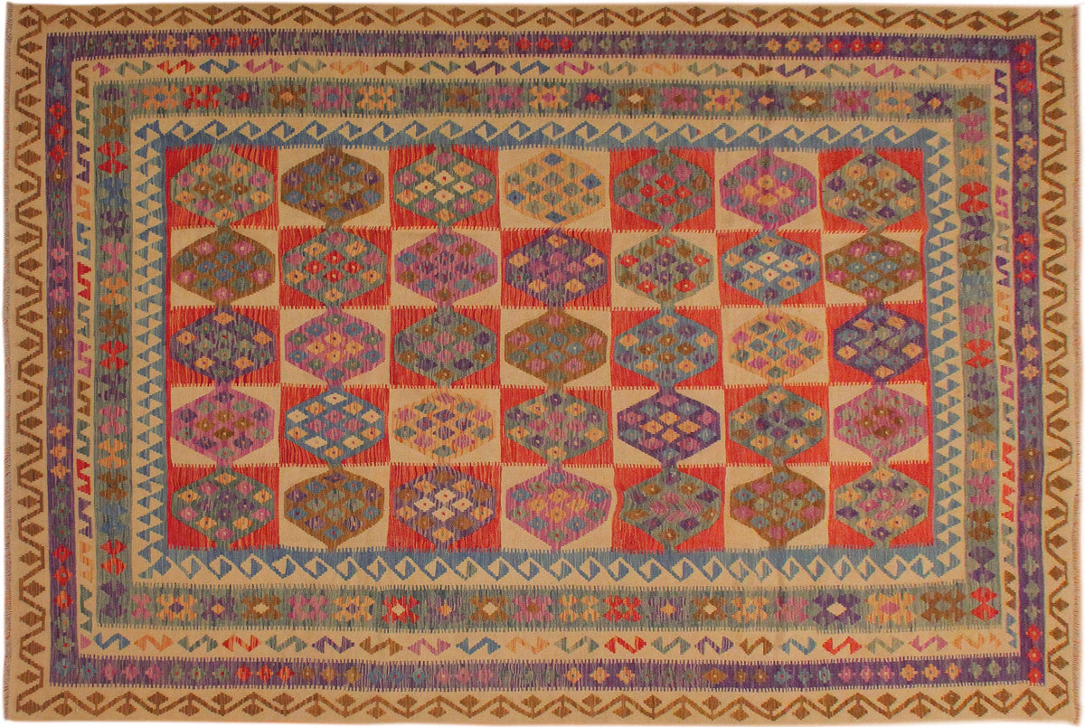 handmade Geometric Kilim Beige Blue Hand-Woven RECTANGLE 100% WOOL area rug 8 x 11
