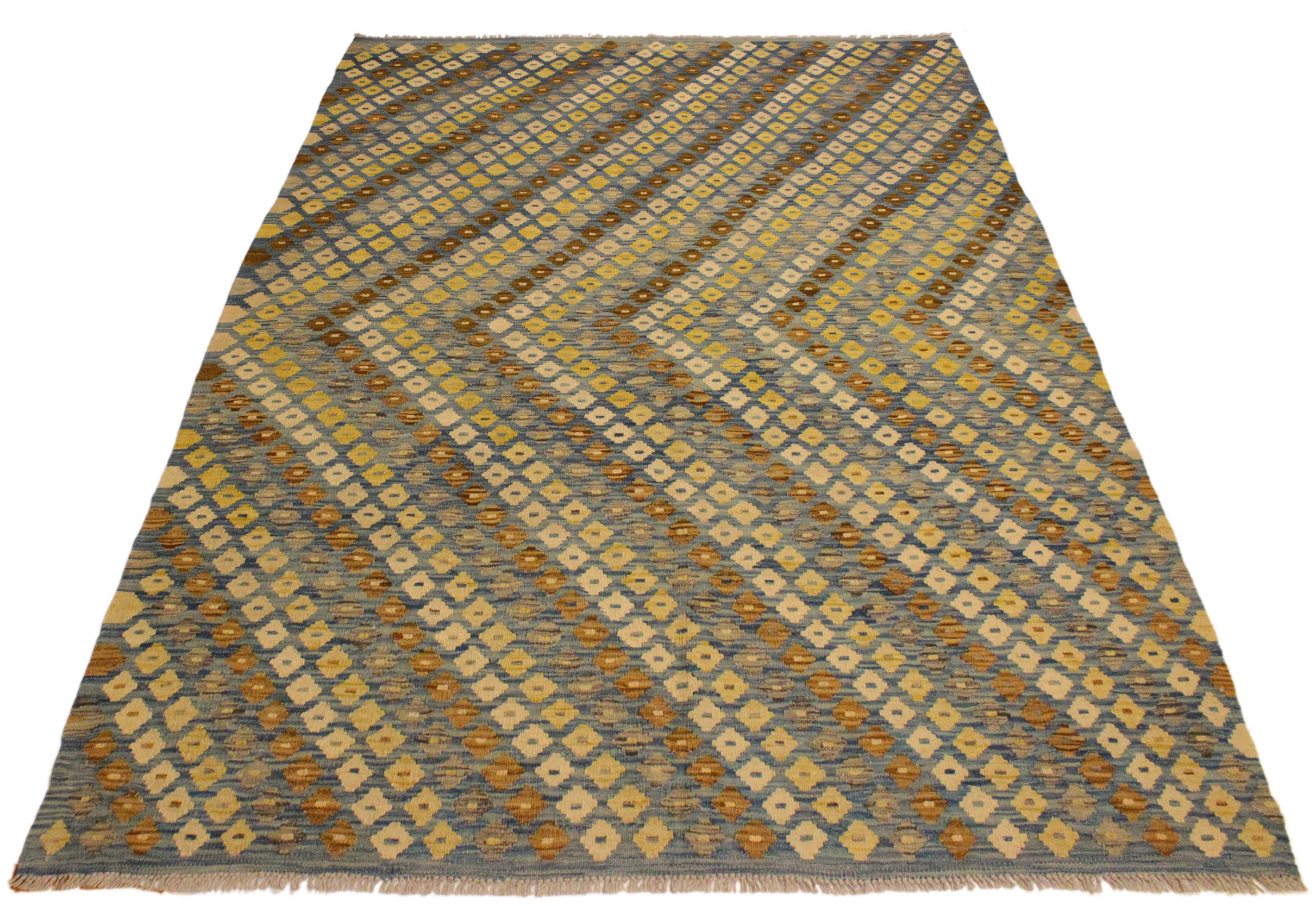 handmade Modern Kilim Blue Brown Hand-Woven RECTANGLE 100% WOOL area rug 6x8