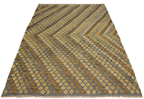 handmade Modern Kilim Blue Brown Hand-Woven RECTANGLE 100% WOOL area rug 6x8