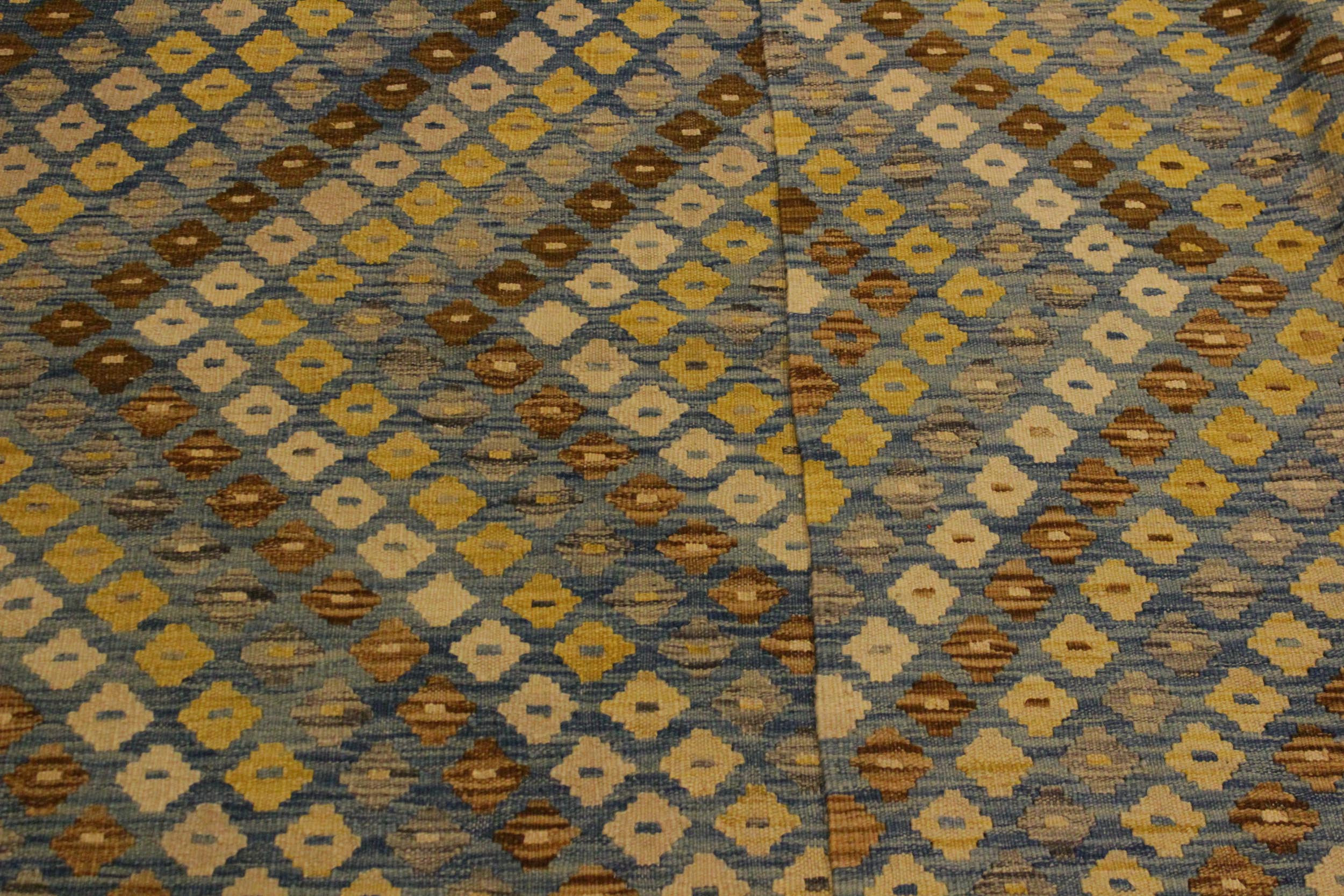 handmade Modern Kilim Blue Brown Hand-Woven RECTANGLE 100% WOOL area rug 6x8