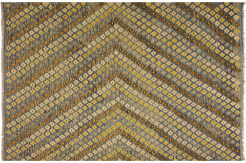 handmade Modern Kilim Blue Brown Hand-Woven RECTANGLE 100% WOOL area rug 6x8