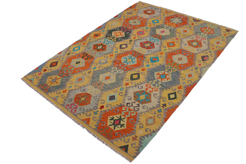 handmade Geometric Kilim Gold Gray Hand-Woven RECTANGLE 100% WOOL area rug 7 x 10