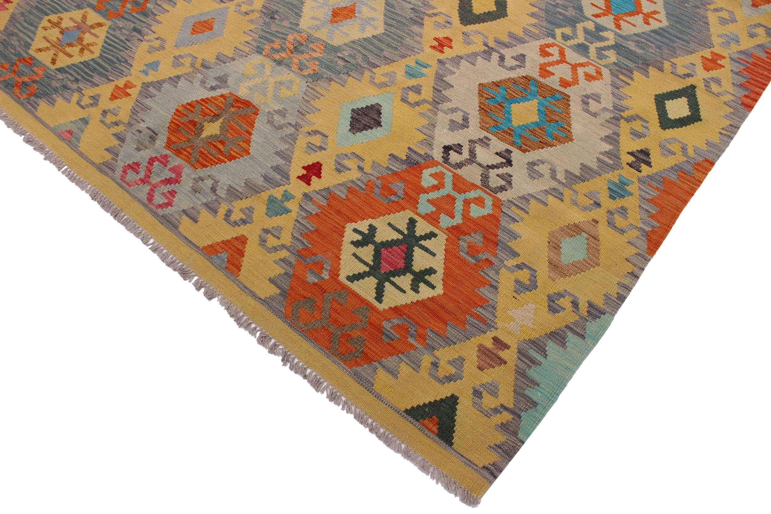 handmade Geometric Kilim Gold Gray Hand-Woven RECTANGLE 100% WOOL area rug 7 x 10