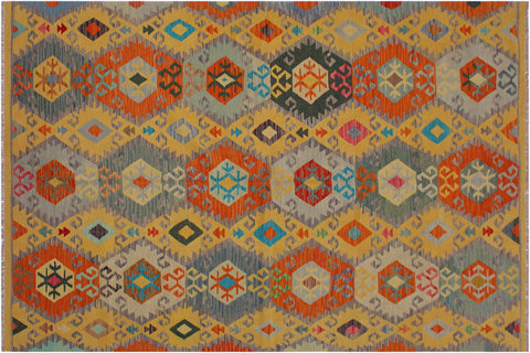 handmade Geometric Kilim Gold Gray Hand-Woven RECTANGLE 100% WOOL area rug 7 x 10