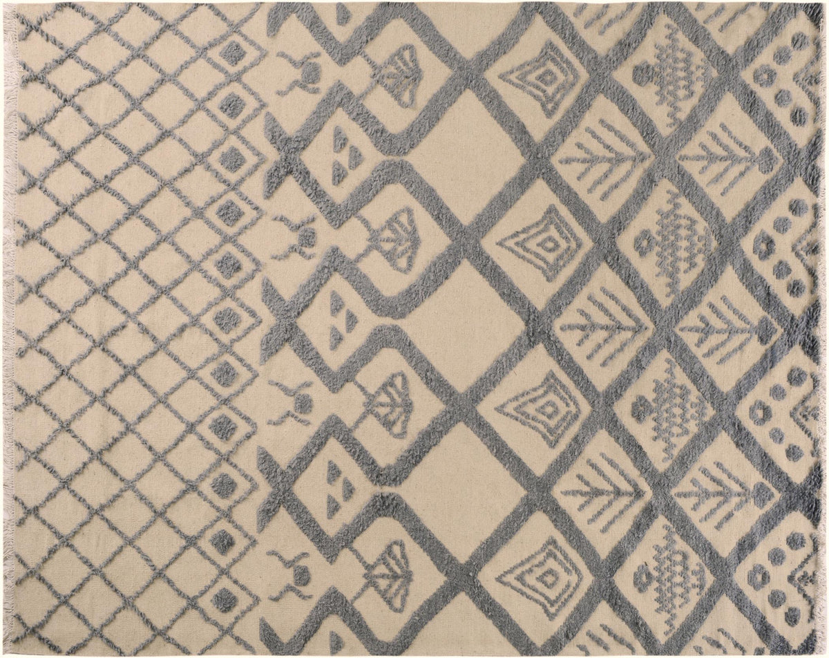 handmade Geometric Moroccan Hi Ivory Blue Hand Knotted RECTANGLE 100% WOOL area rug 8' x 11'