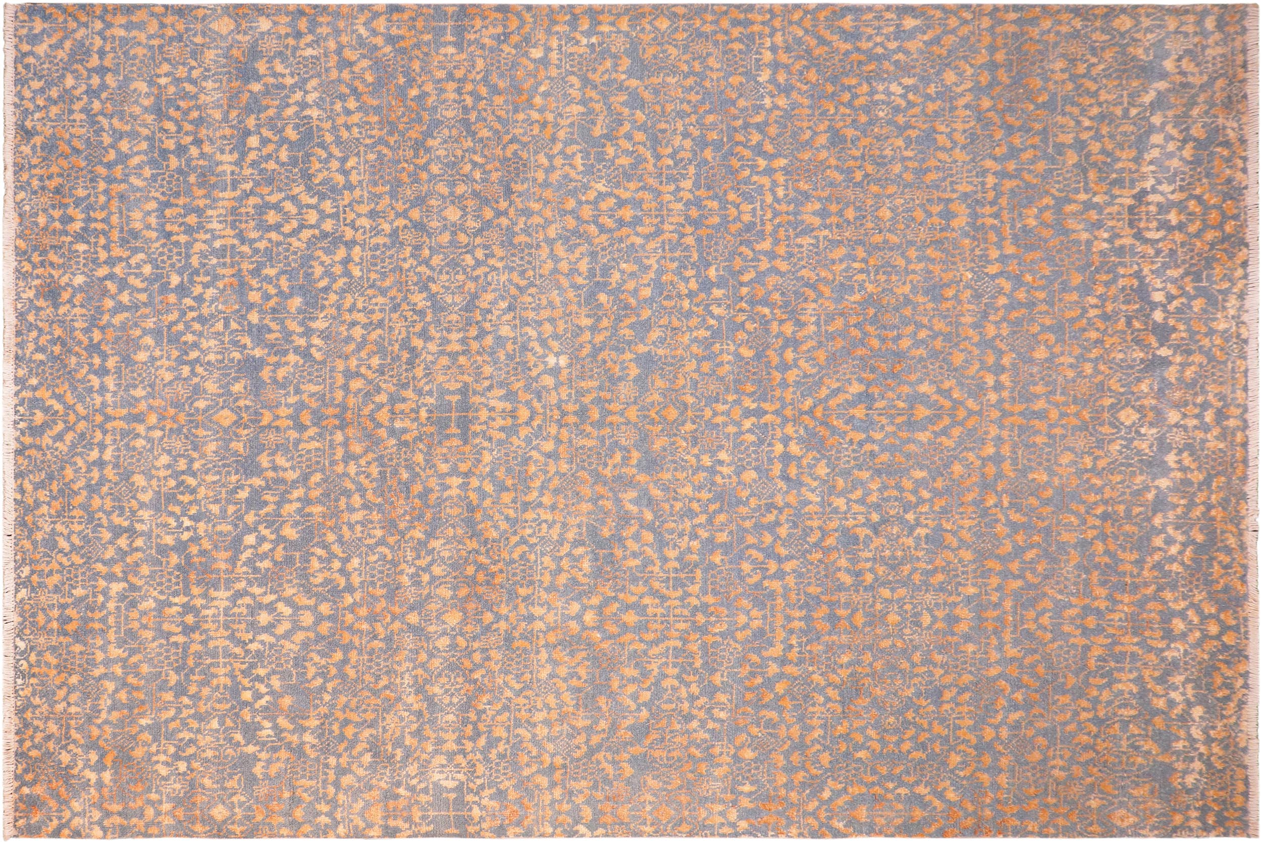 handmade Traditional Ellie Blue Ivory Hand Knotted RECTANGLE WOOL&SILK area rug 4' x 6'