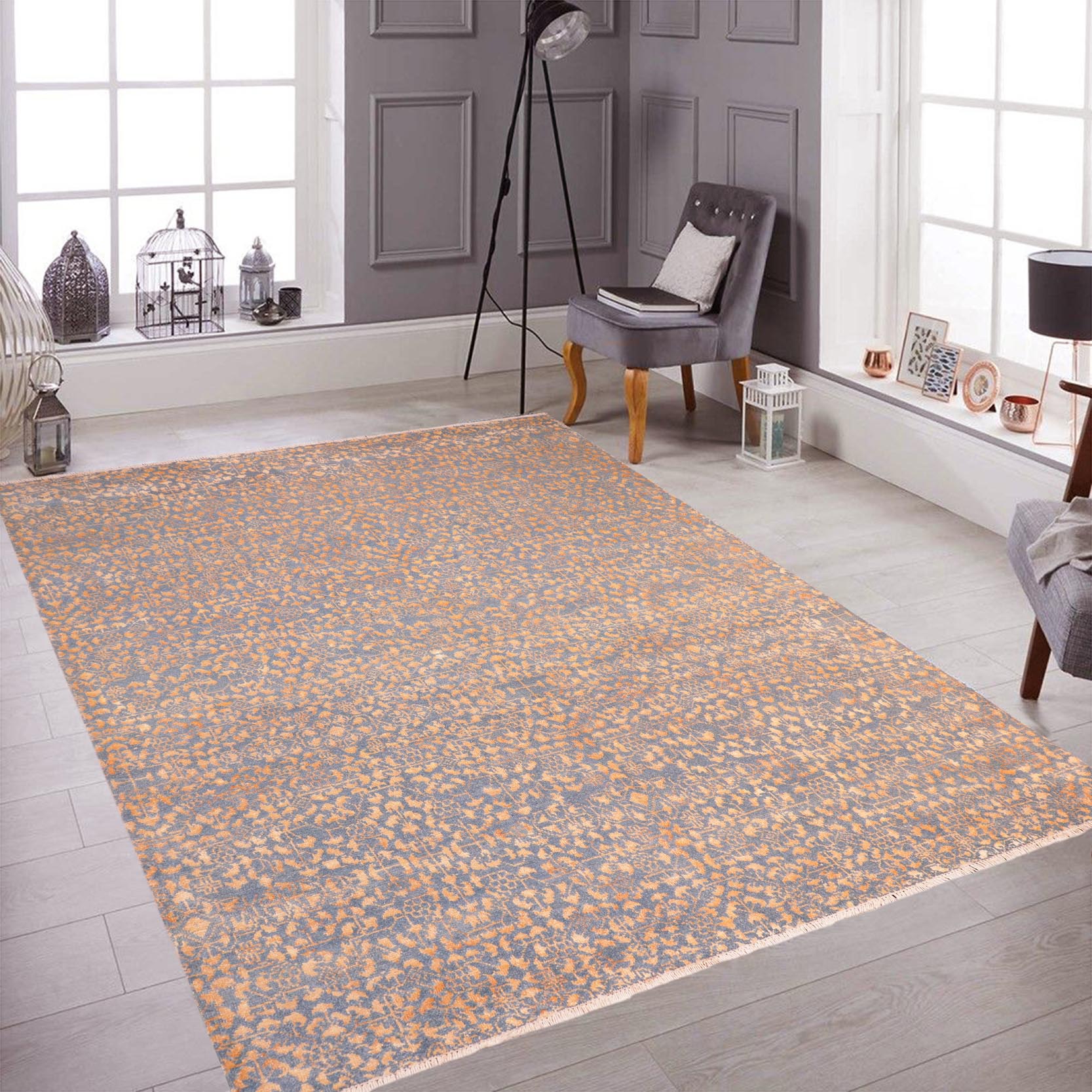 handmade Traditional Ellie Blue Ivory Hand Knotted RECTANGLE WOOL&SILK area rug 4' x 6'