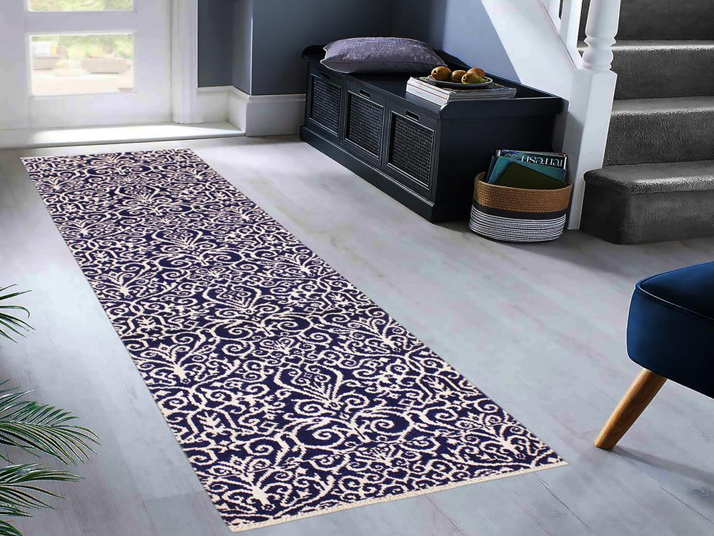 handmade Modern Kafkaz Blue Ivory Hand Knotted RUNNER WOOL&SILK area rug 2x10 