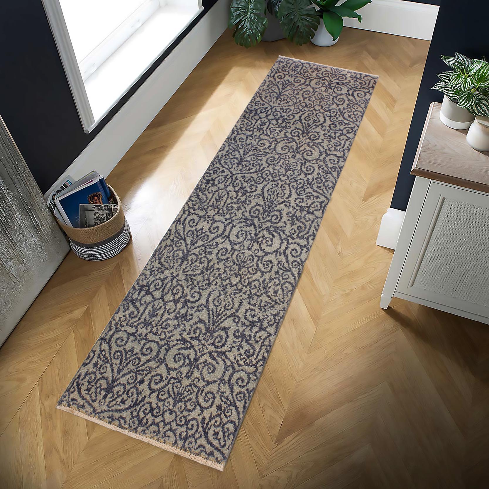 handmade Transitional Kafkaz Ivory Blue Hand Knotted RUNNER 100% WOOL area rug 2' x 6'