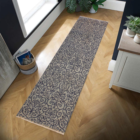 handmade Transitional Kafkaz Ivory Blue Hand Knotted RUNNER 100% WOOL area rug 2' x 6'