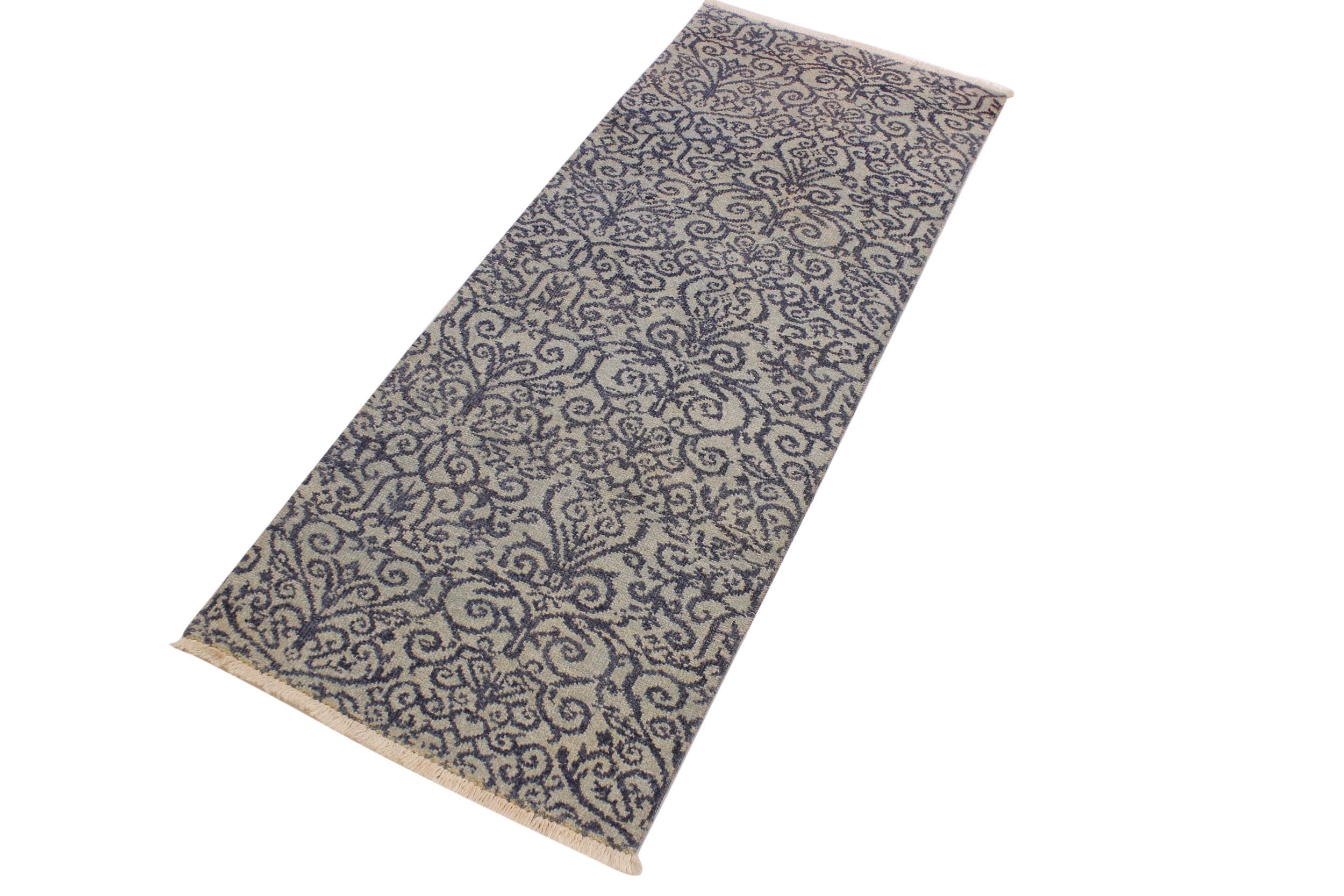 handmade Transitional Kafkaz Ivory Blue Hand Knotted RUNNER 100% WOOL area rug 2' x 6'