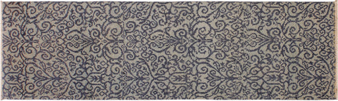 handmade Transitional Kafkaz Ivory Blue Hand Knotted RUNNER 100% WOOL area rug 2' x 6'