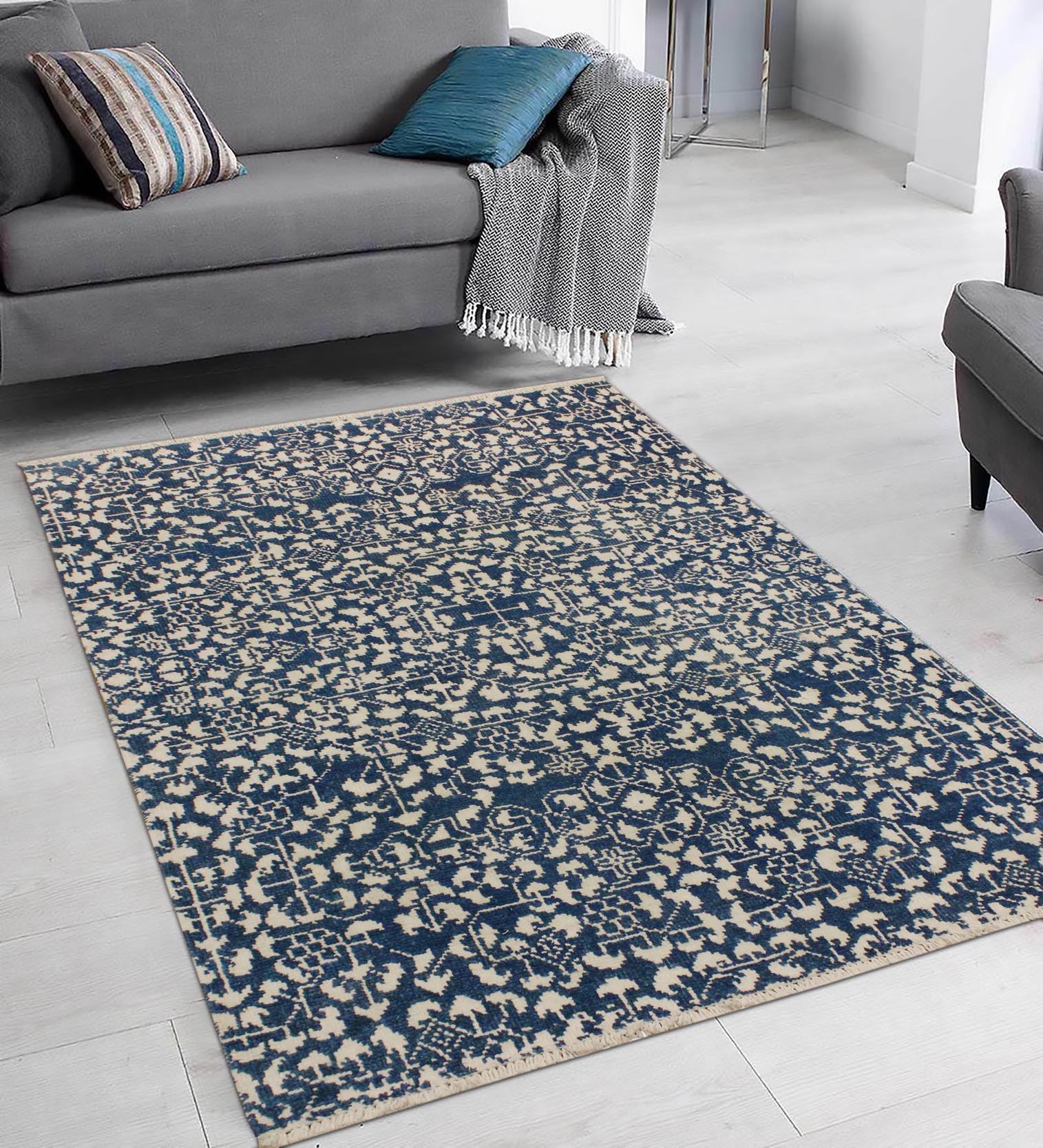 handmade Traditional Ellie Gray Blue Hand Knotted RECTANGLE WOOL&SILK area rug 9' x 12'