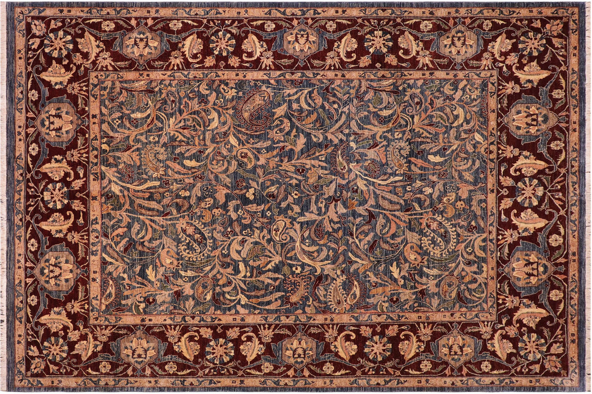 handmade Traditional Lahore Tan Blue Hand Knotted RECTANGLE 100% WOOL area rug 8' x 10'