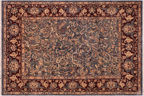 handmade Traditional Lahore Tan Blue Hand Knotted RECTANGLE 100% WOOL area rug 8' x 10'
