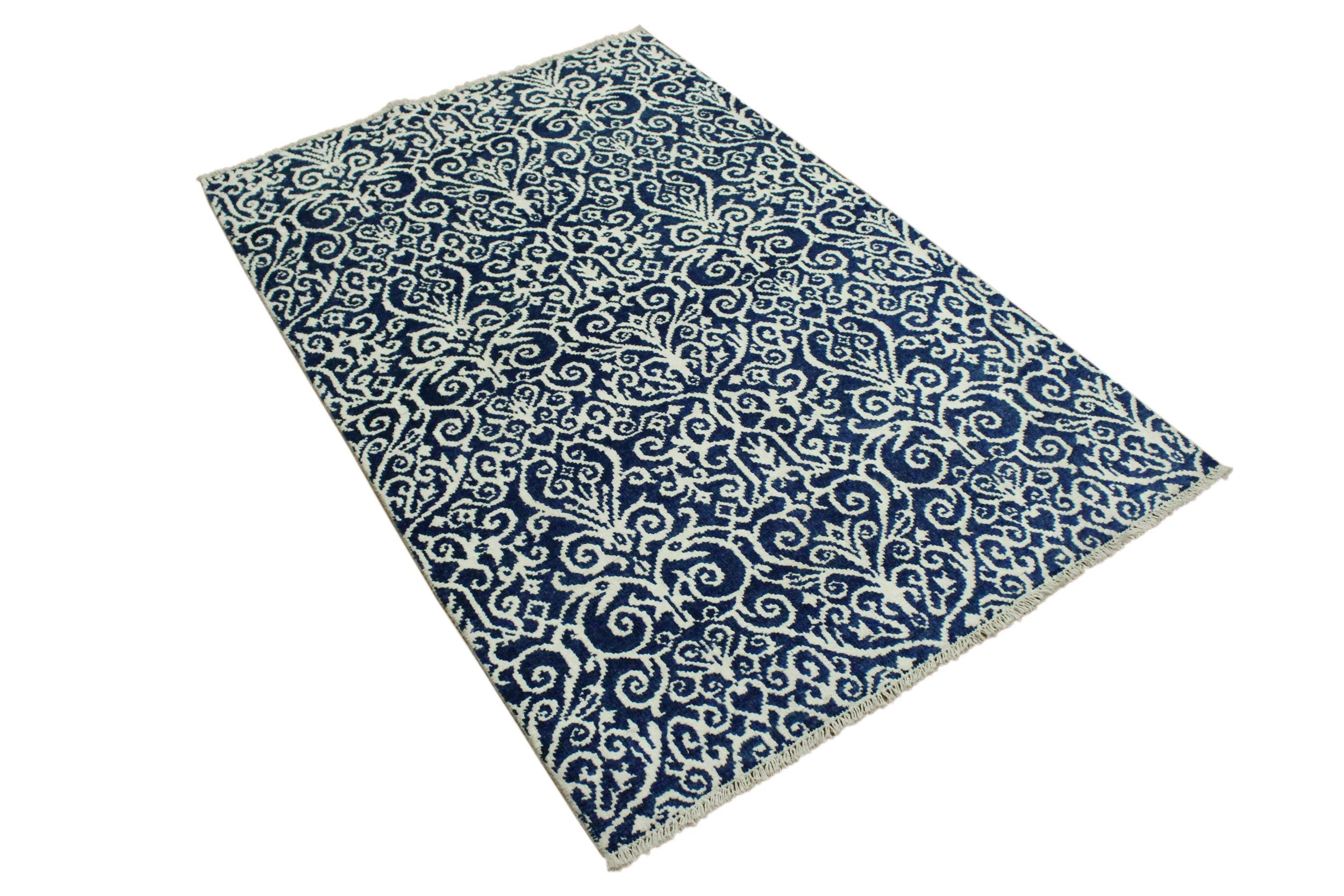handmade Transitional Cryena Blue Ivory Hand Knotted RECTANGLE WOOL&SILK area rug 4' x 6'