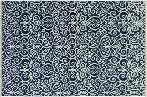 handmade Transitional Cryena Blue Ivory Hand Knotted RECTANGLE WOOL&SILK area rug 4' x 6'