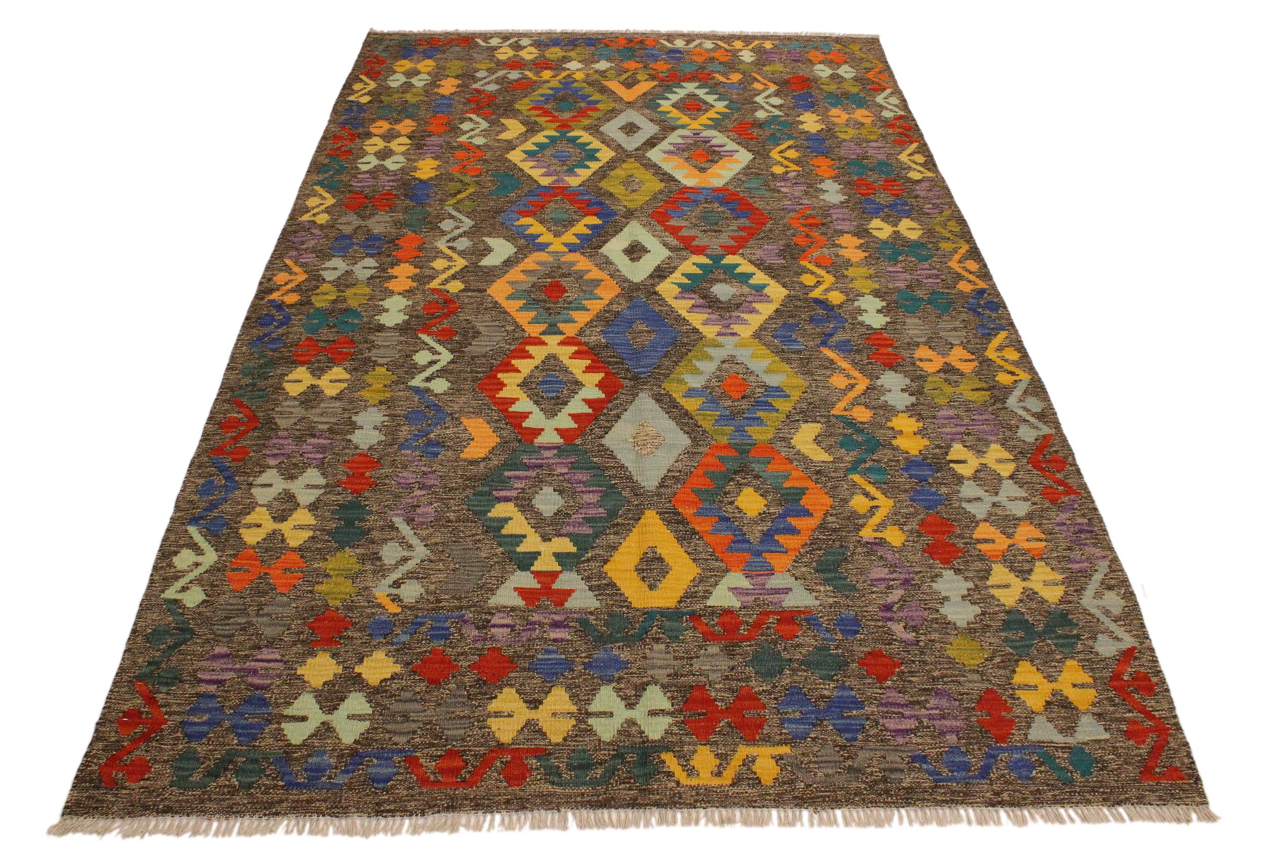 handmade Geometric Kilim Brown Blue Hand-Woven RECTANGLE 100% WOOL area rug 6 x 8