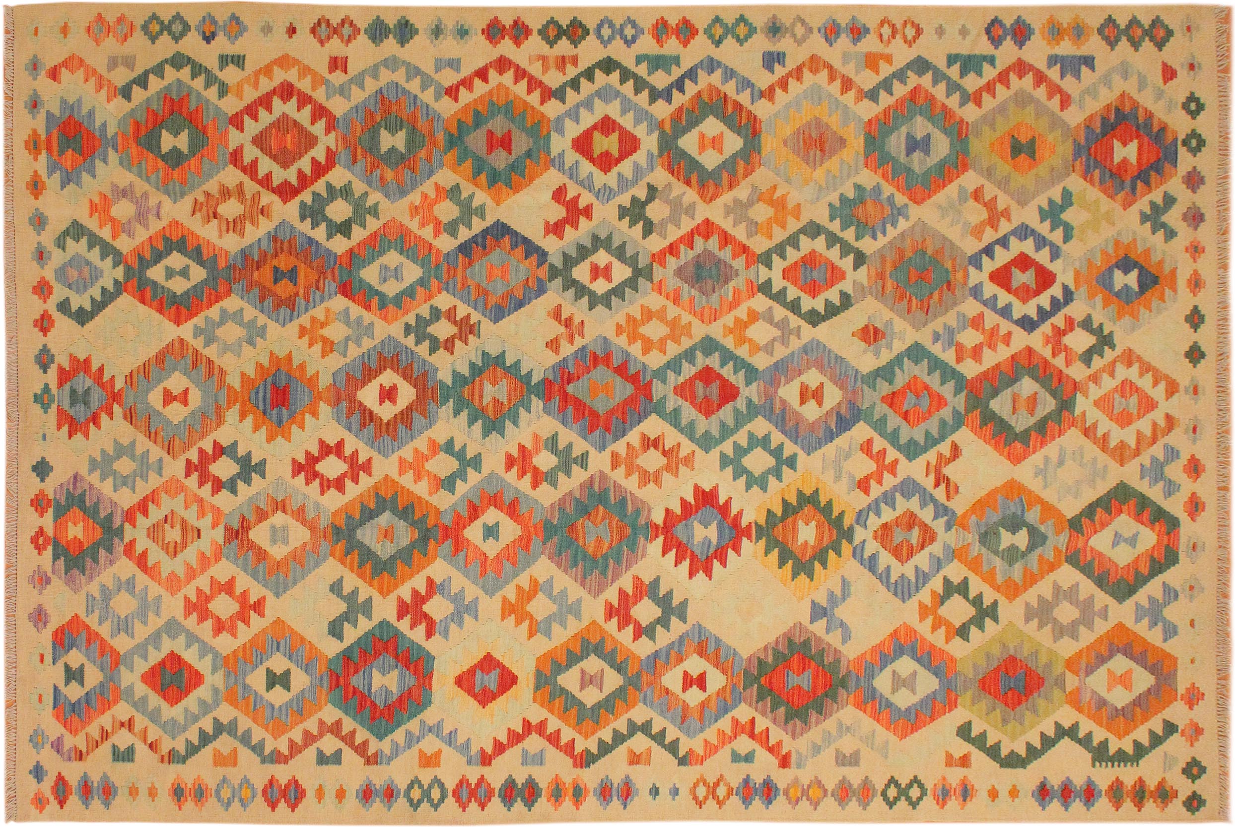handmade Geometric Kilim Tan Blue Hand-Woven RECTANGLE 100% WOOL area rug 7 x 10