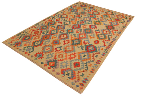 handmade Geometric Kilim Tan Blue Hand-Woven RECTANGLE 100% WOOL area rug 7 x 10