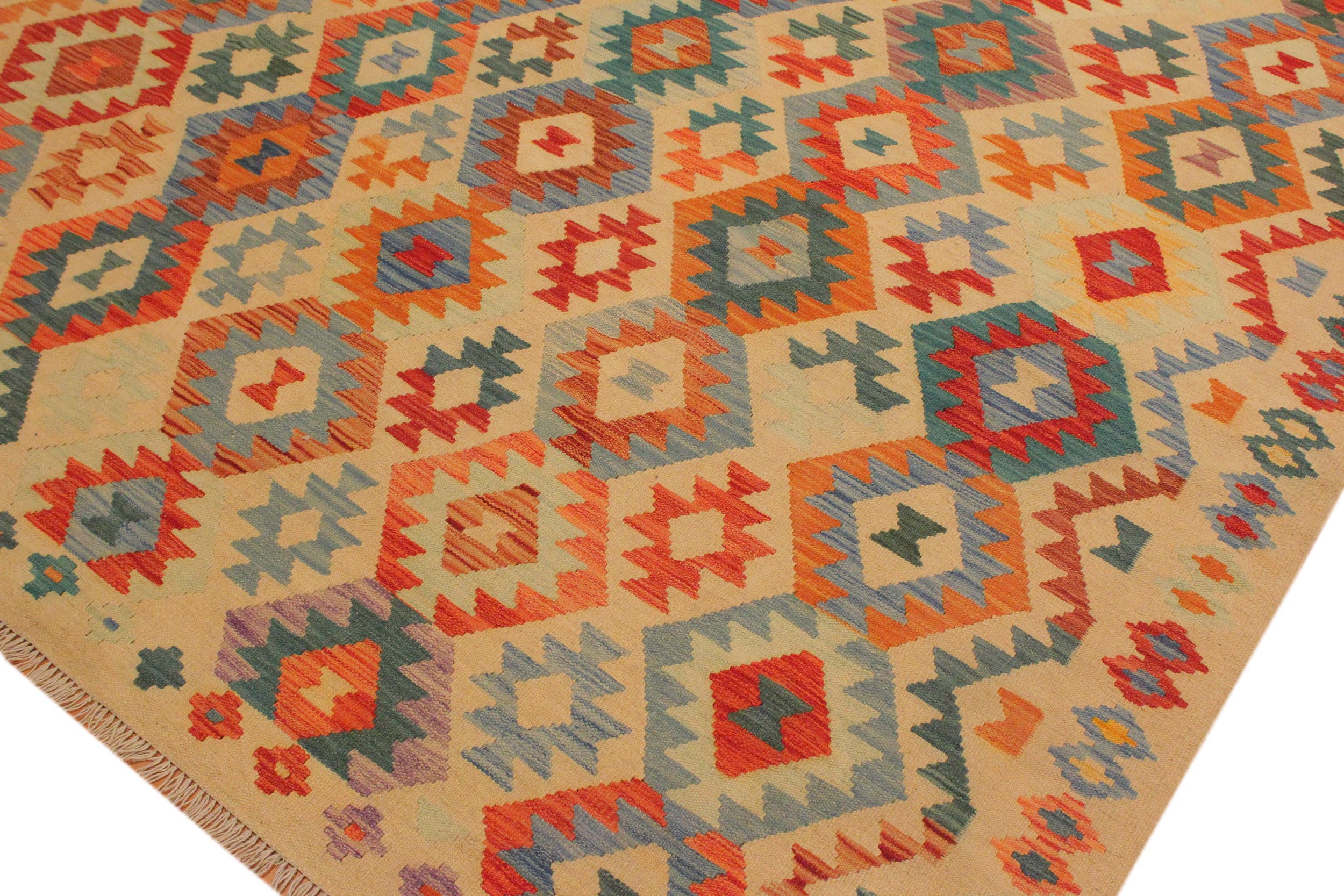 handmade Geometric Kilim Tan Blue Hand-Woven RECTANGLE 100% WOOL area rug 7 x 10