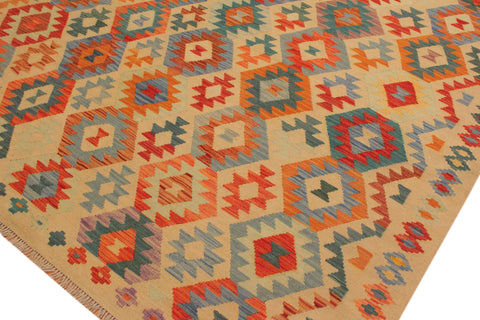 handmade Geometric Kilim Tan Blue Hand-Woven RECTANGLE 100% WOOL area rug 7 x 10