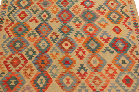 handmade Geometric Kilim Tan Blue Hand-Woven RECTANGLE 100% WOOL area rug 7 x 10