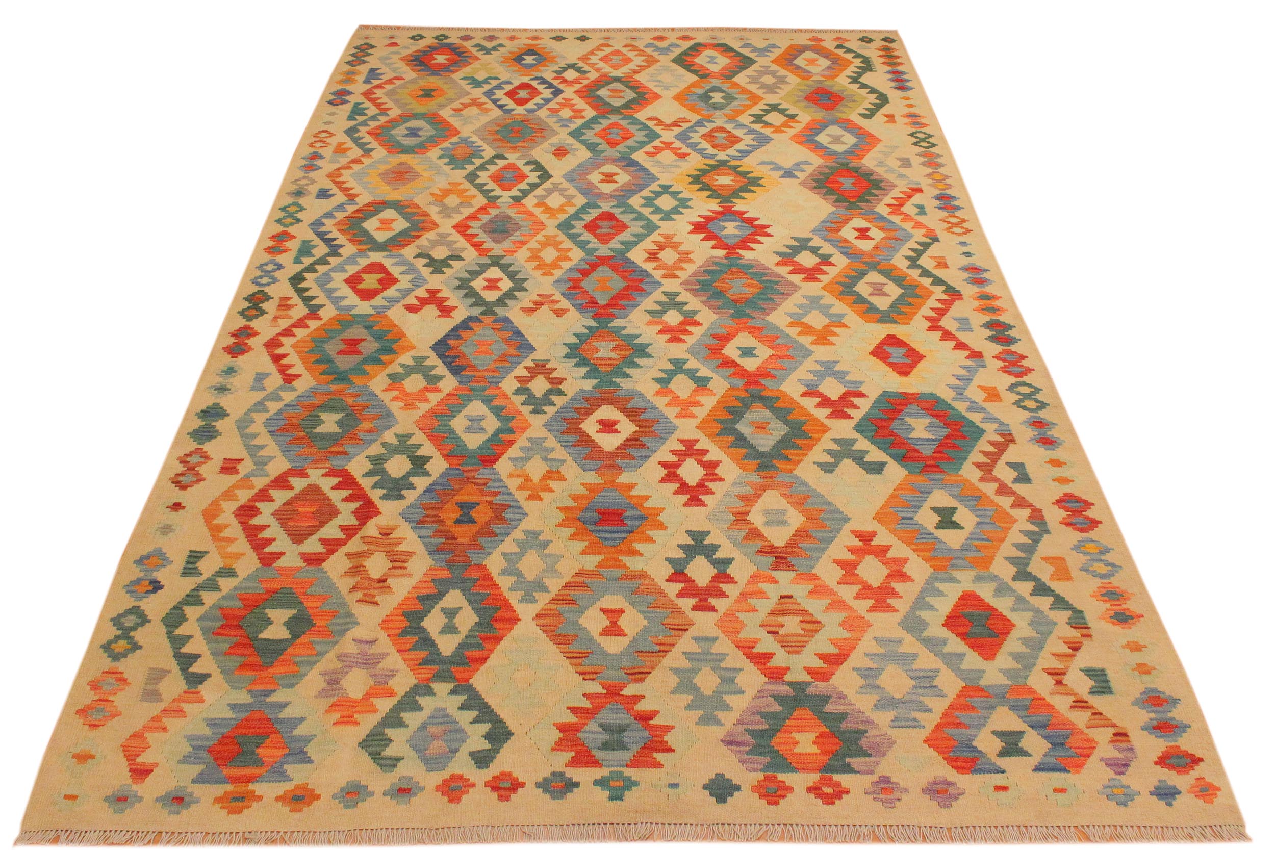 handmade Geometric Kilim Tan Blue Hand-Woven RECTANGLE 100% WOOL area rug 7 x 10
