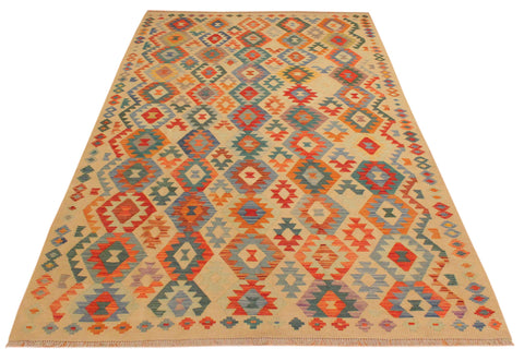 handmade Geometric Kilim Tan Blue Hand-Woven RECTANGLE 100% WOOL area rug 7 x 10