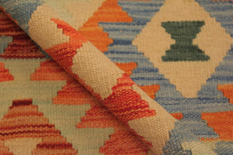handmade Geometric Kilim Tan Blue Hand-Woven RECTANGLE 100% WOOL area rug 7 x 10