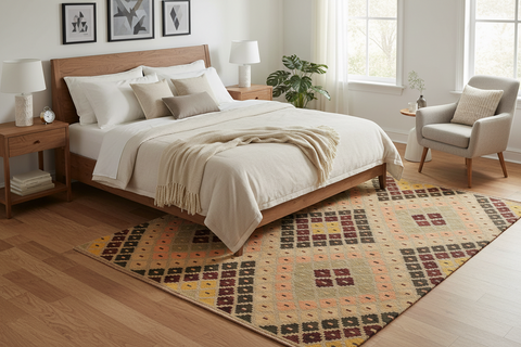 handmade Geometric Kilim Tan Beige Hand-Woven RECTANGLE 100% WOOL area rug 5 x 7