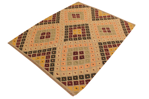handmade Geometric Kilim Tan Beige Hand-Woven RECTANGLE 100% WOOL area rug 5 x 7