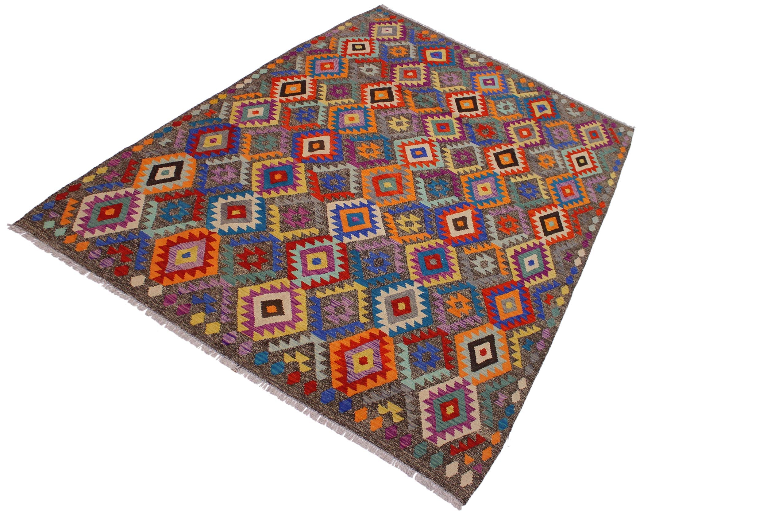handmade Geometric Kilim Brown Blue Hand-Woven RECTANGLE 100% WOOL area rug 7 x 10