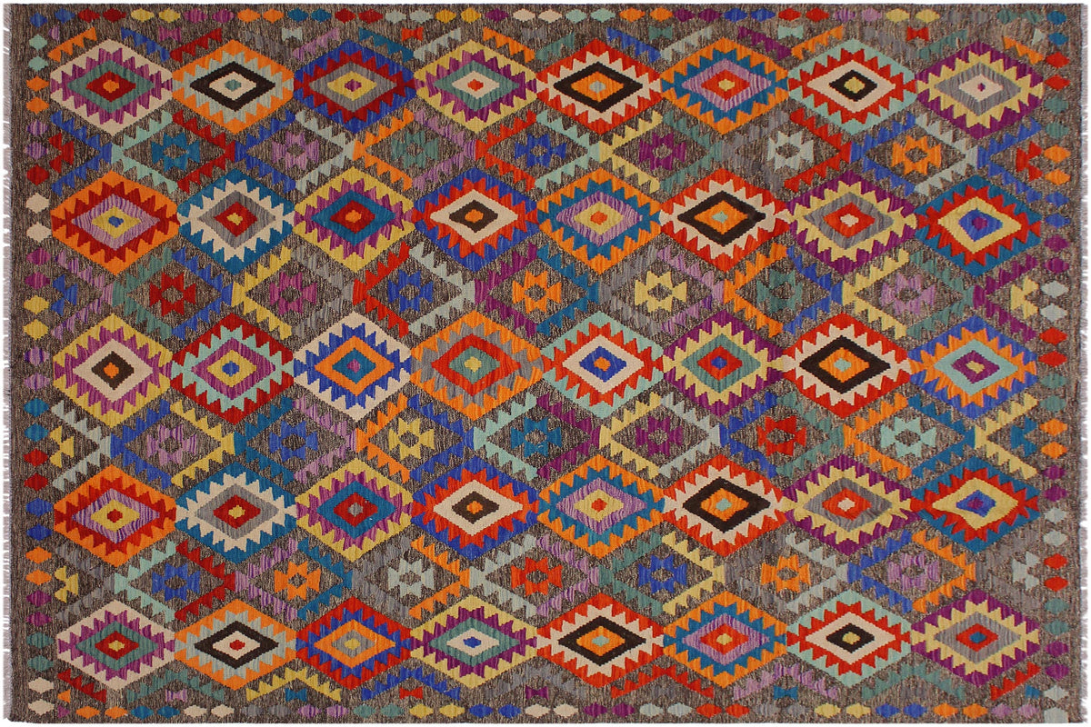 handmade Geometric Kilim Brown Blue Hand-Woven RECTANGLE 100% WOOL area rug 7 x 10