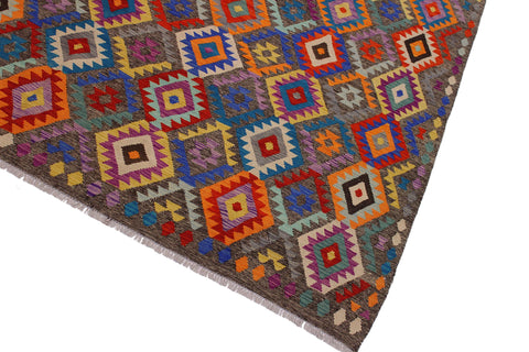 handmade Geometric Kilim Brown Blue Hand-Woven RECTANGLE 100% WOOL area rug 7 x 10