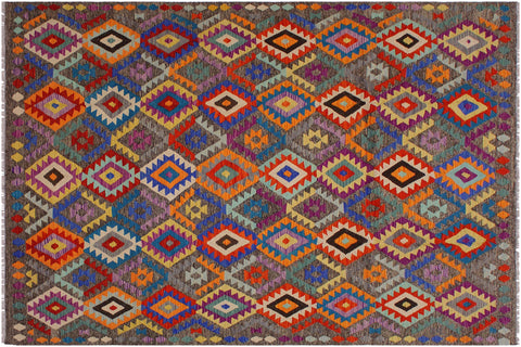 handmade Geometric Kilim Brown Blue Hand-Woven RECTANGLE 100% WOOL area rug 7 x 10