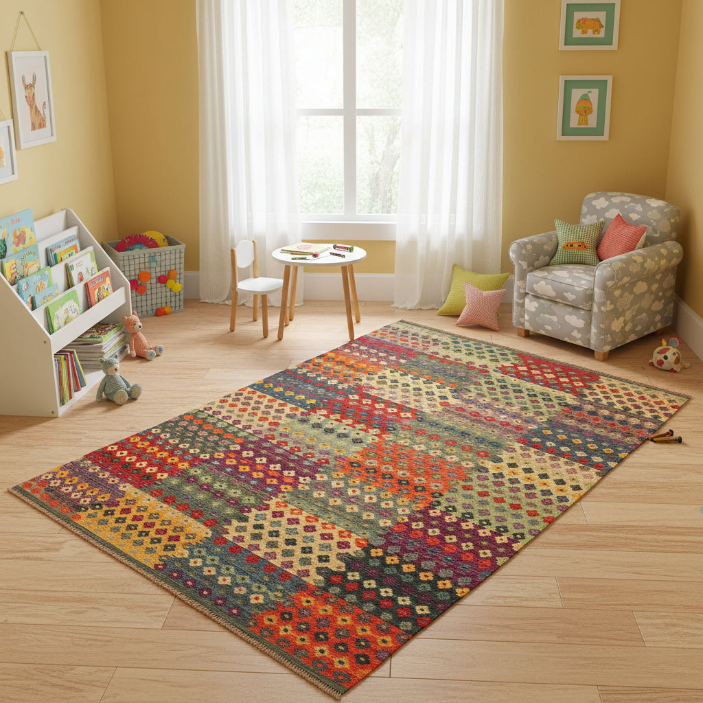 handmade Modern Kilim Green Red Hand-Woven RECTANGLE 100% WOOL area rug 7x10