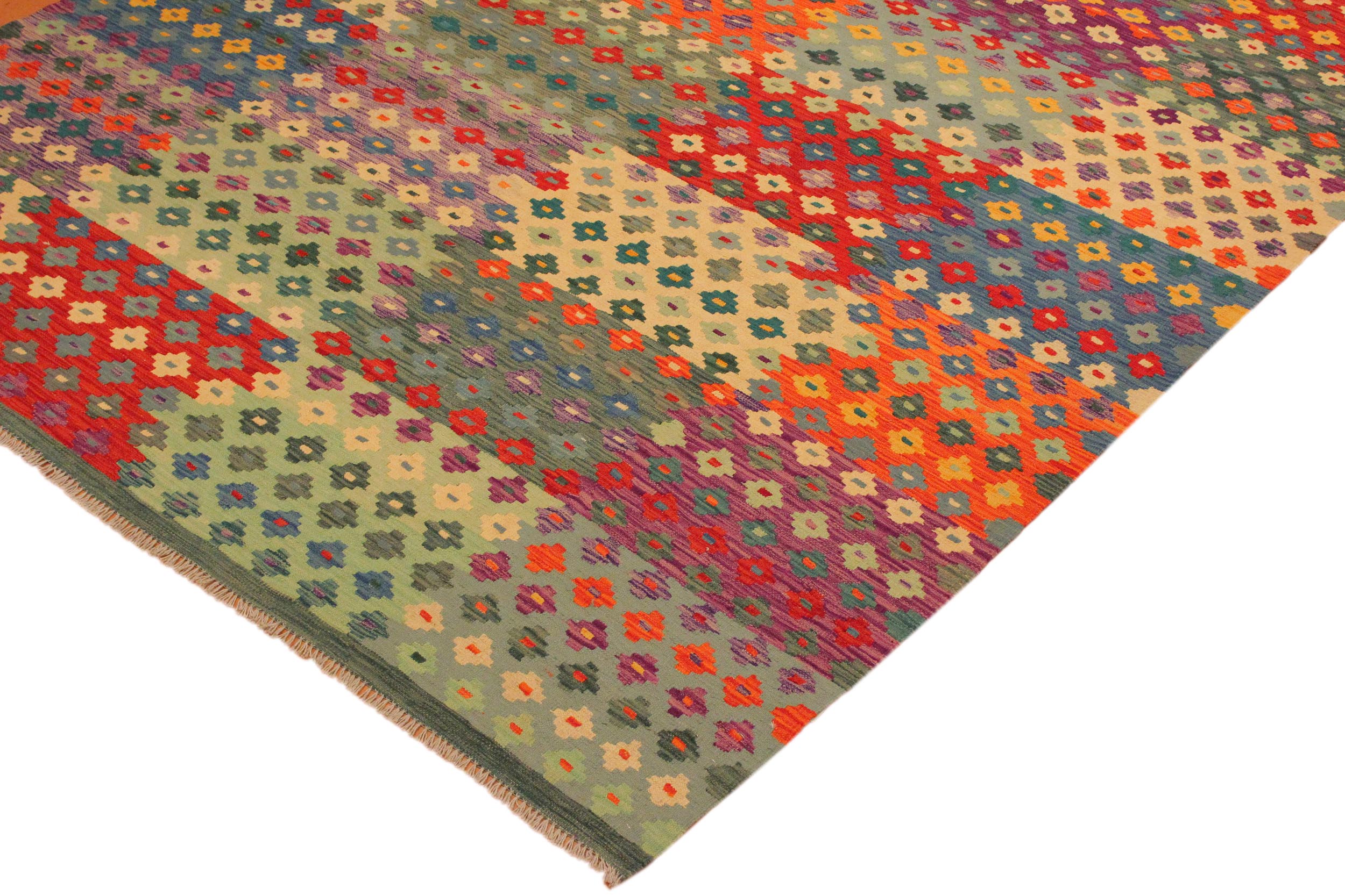 handmade Modern Kilim Green Red Hand-Woven RECTANGLE 100% WOOL area rug 7x10