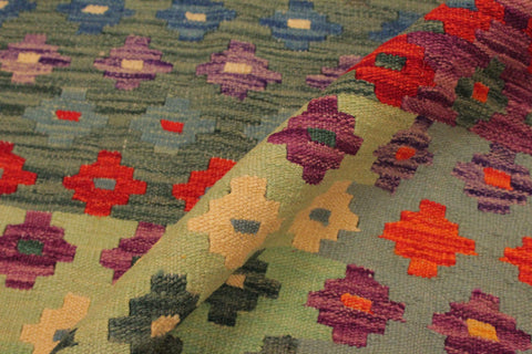 handmade Modern Kilim Green Red Hand-Woven RECTANGLE 100% WOOL area rug 7x10
