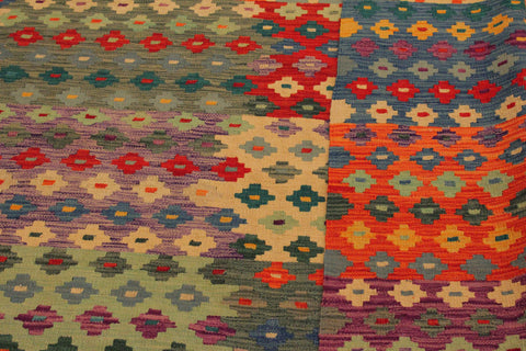 handmade Modern Kilim Green Red Hand-Woven RECTANGLE 100% WOOL area rug 7x10