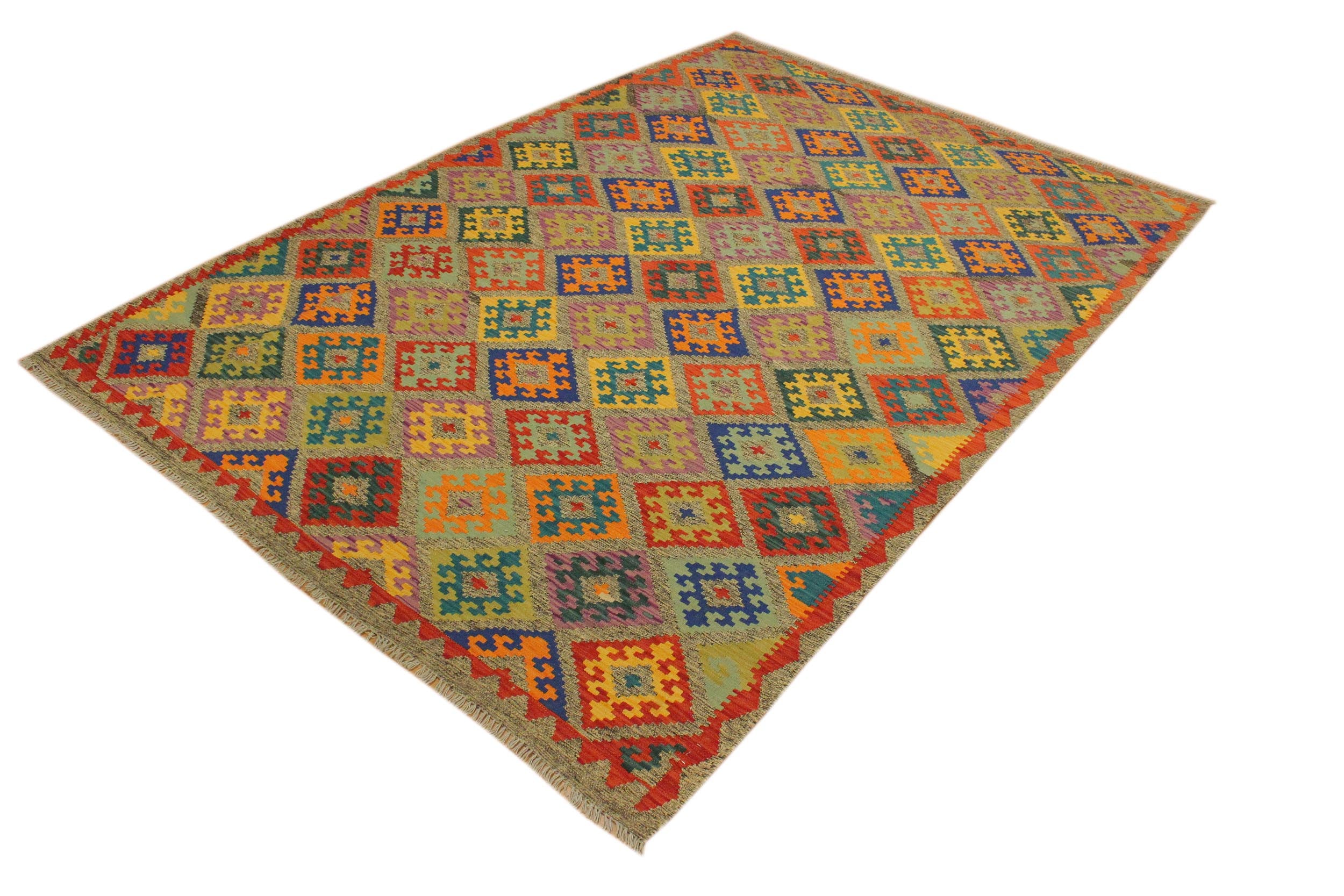 handmade Geometric Kilim Gray Blue Hand-Woven RECTANGLE 100% WOOL area rug 7 x 10