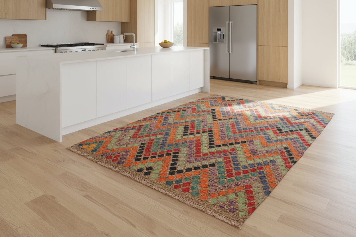 handmade Modern Kilim Brown Blue Hand-Woven RECTANGLE 100% WOOL area rug 6x8