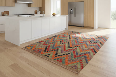 handmade Modern Kilim Brown Blue Hand-Woven RECTANGLE 100% WOOL area rug 6x8