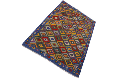 handmade Geometric Kilim Brown Blue Hand-Woven RECTANGLE 100% WOOL area rug 5 x 8