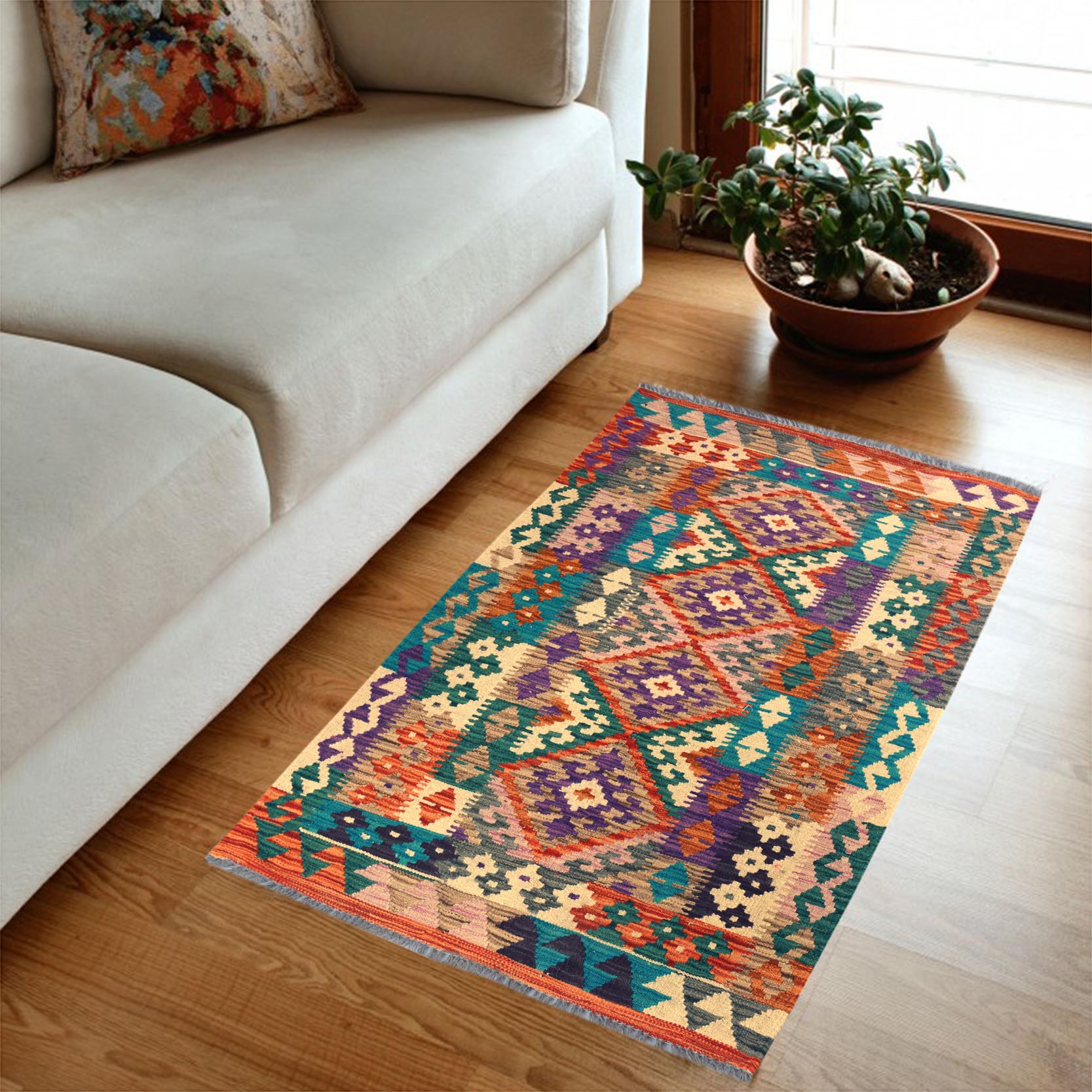 handmade Geometric Kilim Rust Green Hand-Woven RECTANGLE 100% WOOL area rug 3' x 5'
