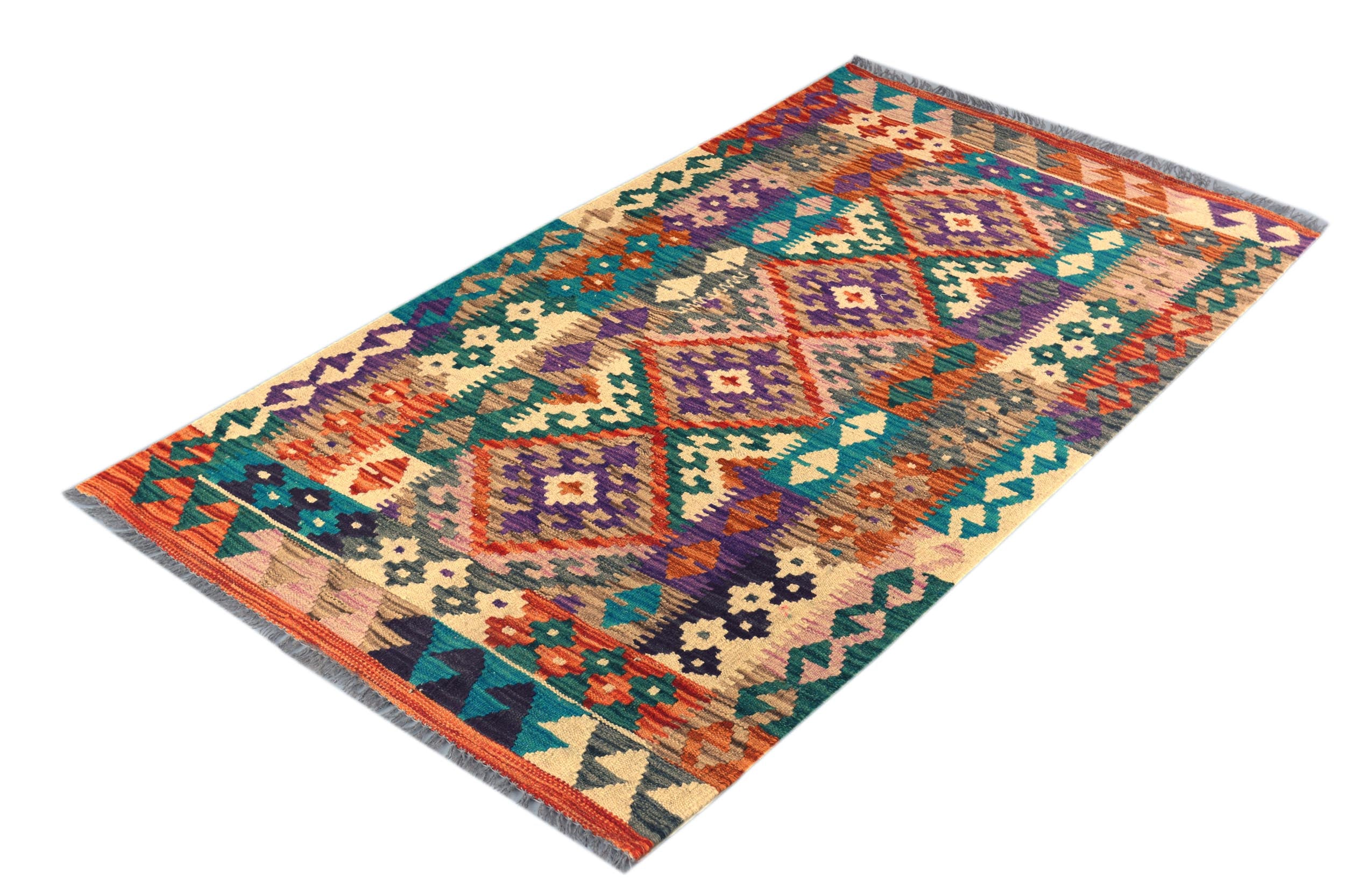 handmade Geometric Kilim Rust Green Hand-Woven RECTANGLE 100% WOOL area rug 3' x 5'