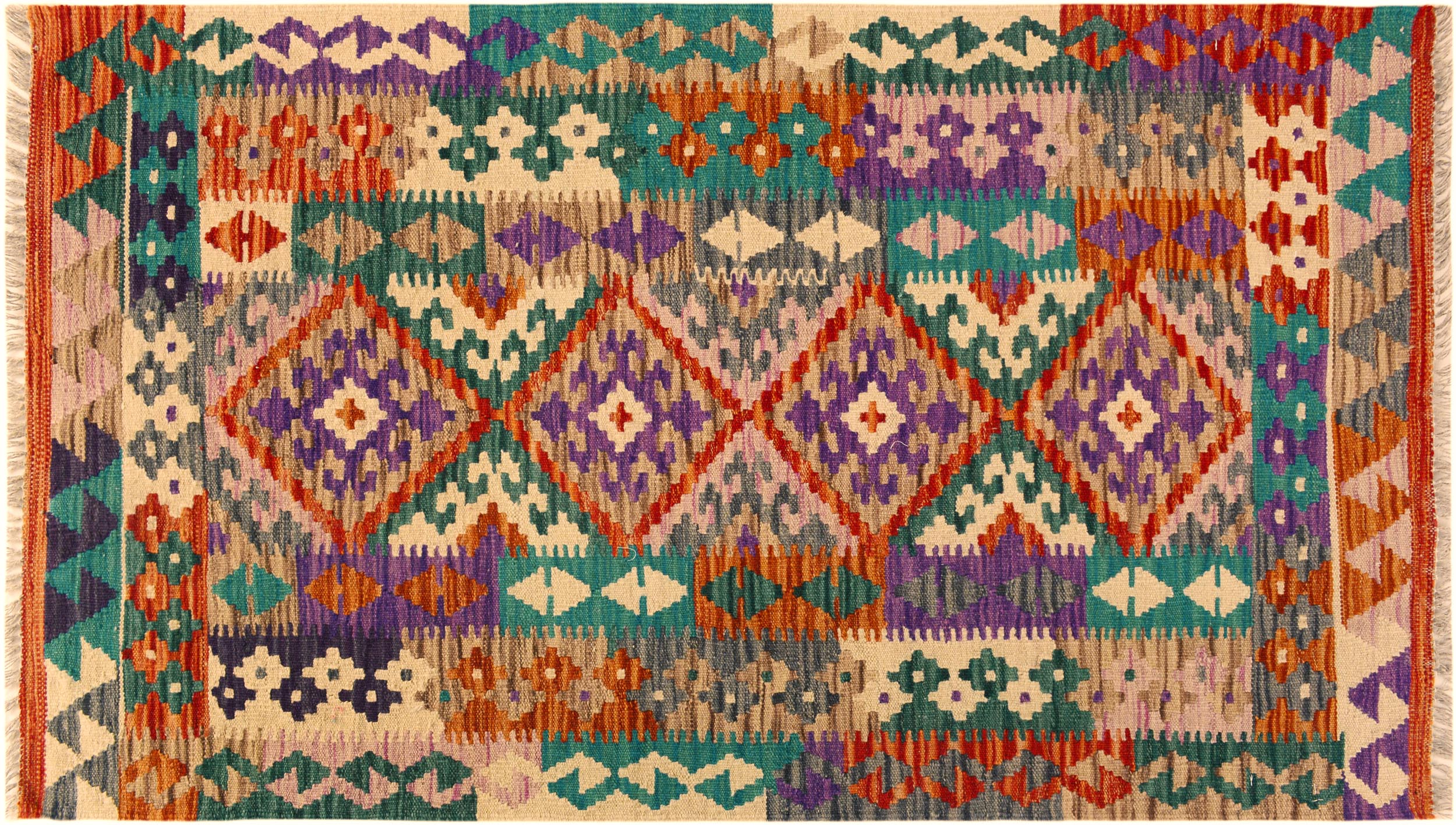 handmade Geometric Kilim Rust Green Hand-Woven RECTANGLE 100% WOOL area rug 3' x 5'
